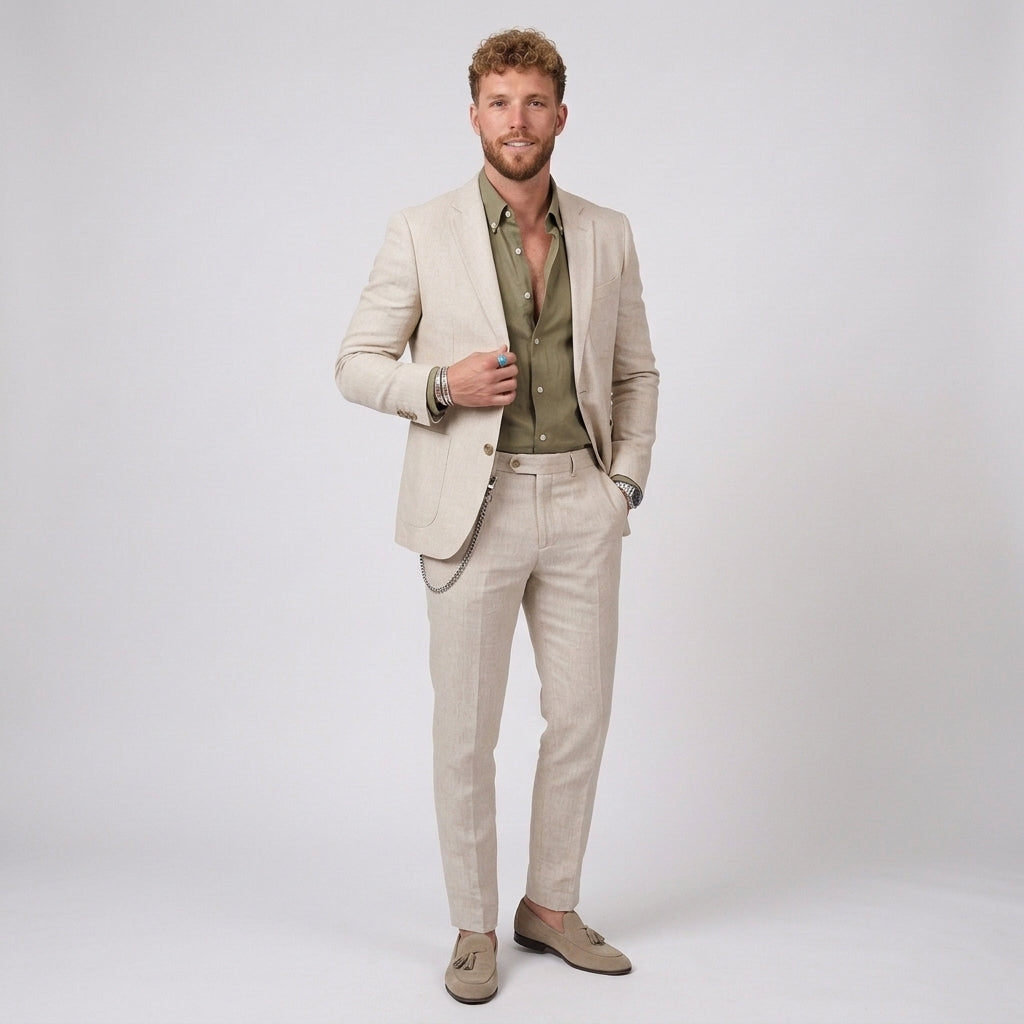 Beżowy Garnitur Męski Gremio Slim Fit | Lekki Len, Nowoczesny Krój 0