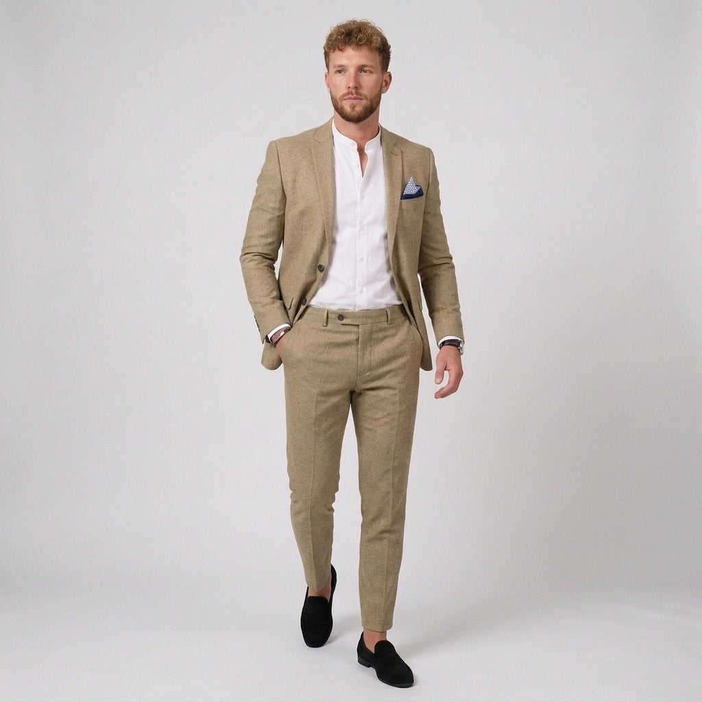 Beżowy Garnitur Męski Gremio Slim Fit | Lekki Len, Nowoczesny Krój 2
