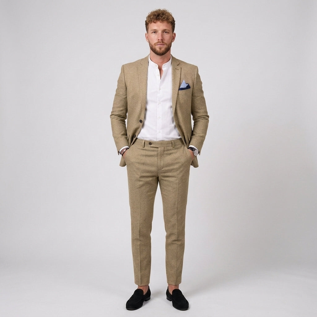 Beżowy Garnitur Męski Gremio Slim Fit | Lekki Len, Nowoczesny Krój 7
