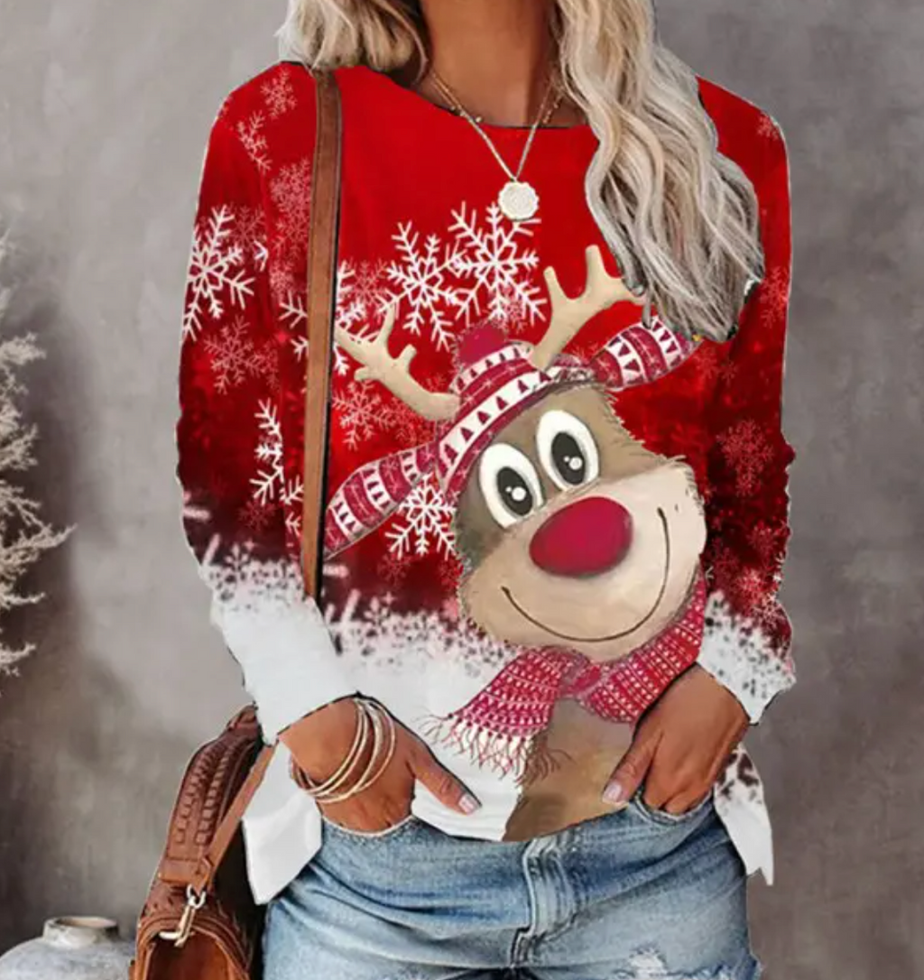 Bluza Sophie | Świąteczny nadruk z reniferem, luźny krój 0