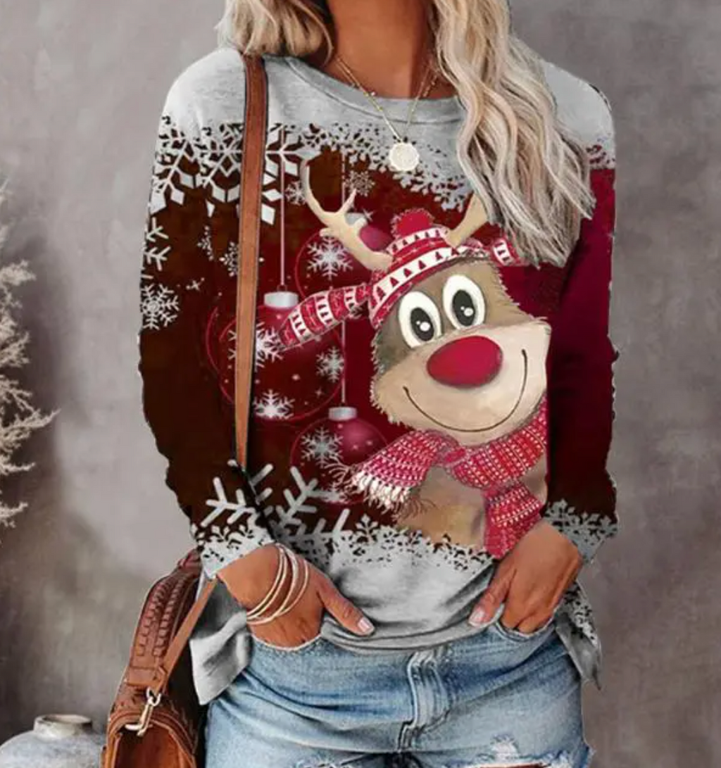 Bluza Sophie | Świąteczny nadruk z reniferem, luźny krój 1