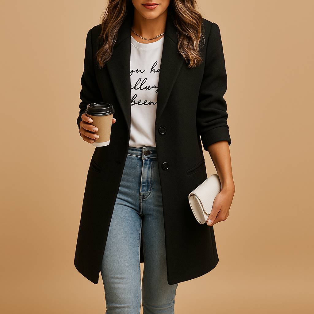 Clara Damski Płaszcz Zimowy | Wełniany, Elegancki Czarny Płaszcz Damski 0