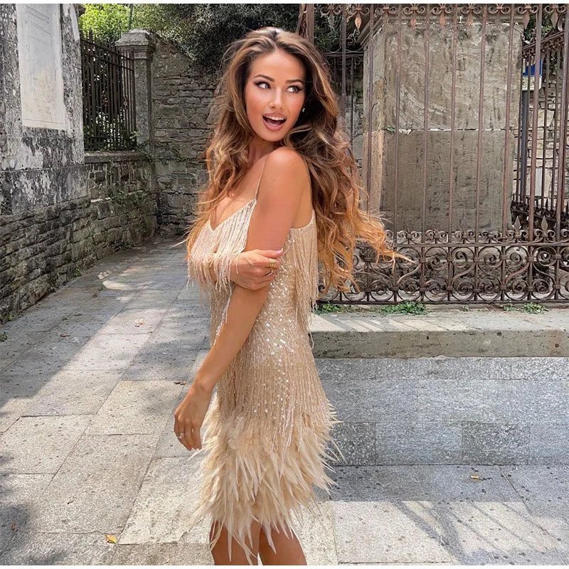 Czarna Sukienka Wieczorowa Piera | Cekinowa z Piórami, Glamour Mini 5