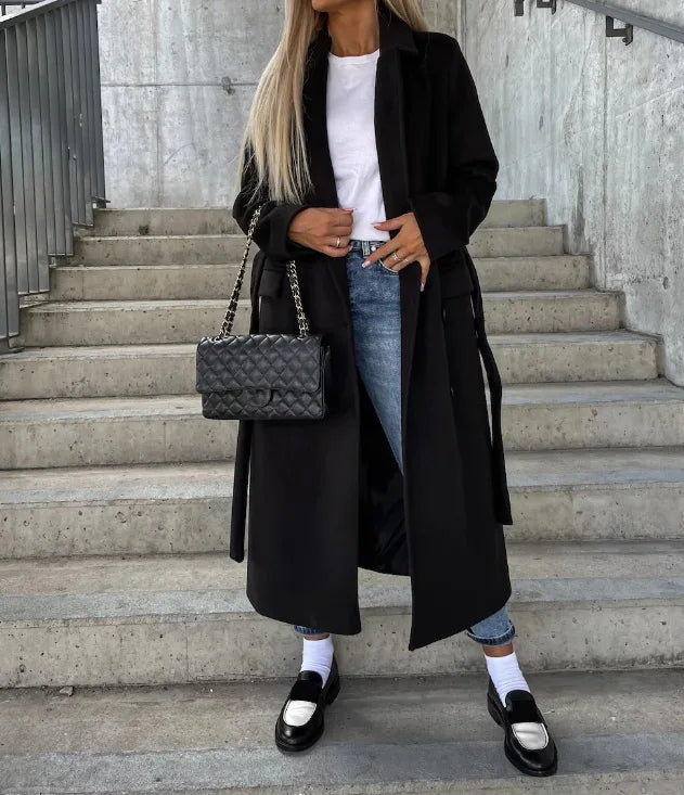 Czarny Płaszcz Damski Lira | Długi Krój, Podwójne Zapięcie 3