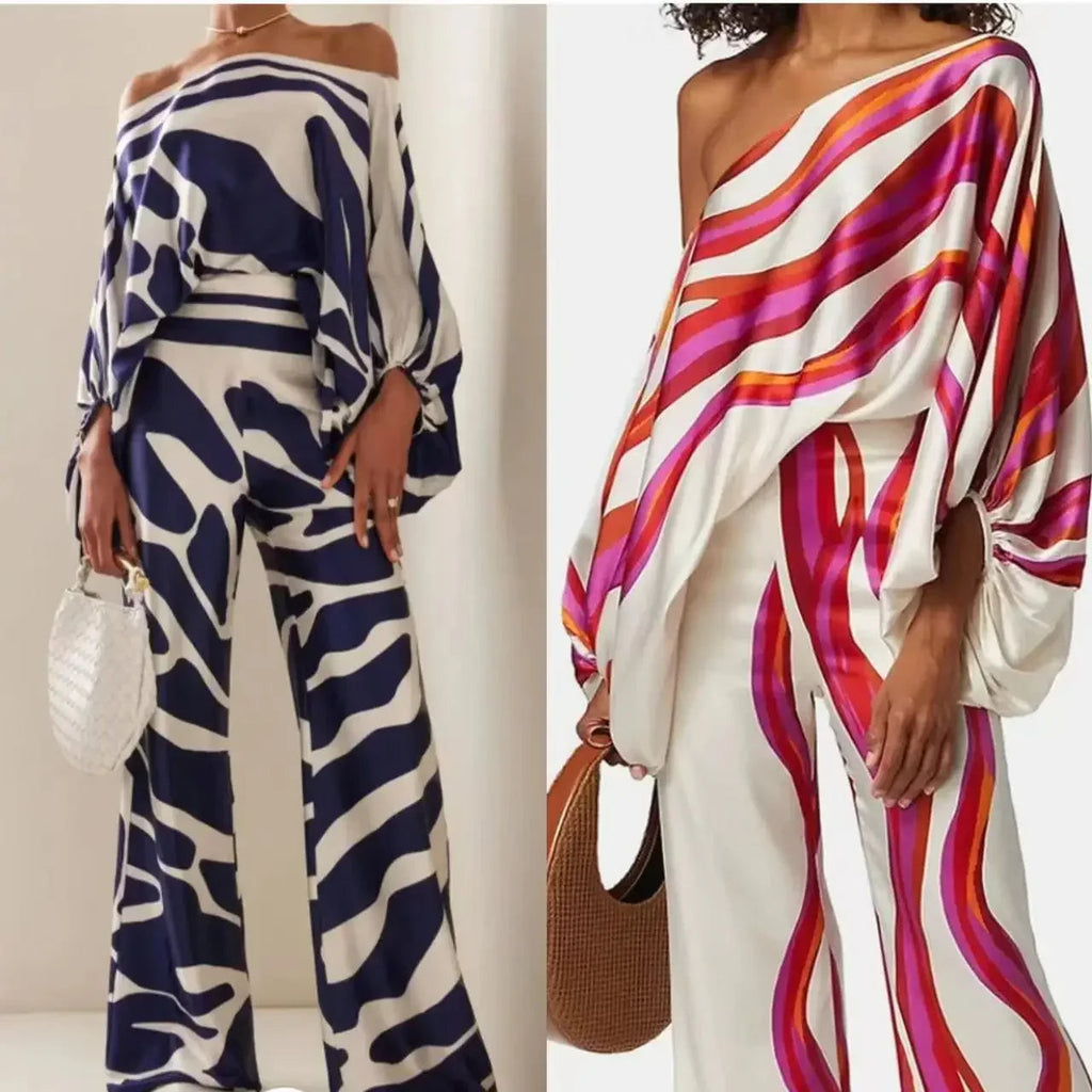 Elowen Komplet Damski | Elegancka Satyna, Asymetryczny Top, Szerokie Spodnie 1