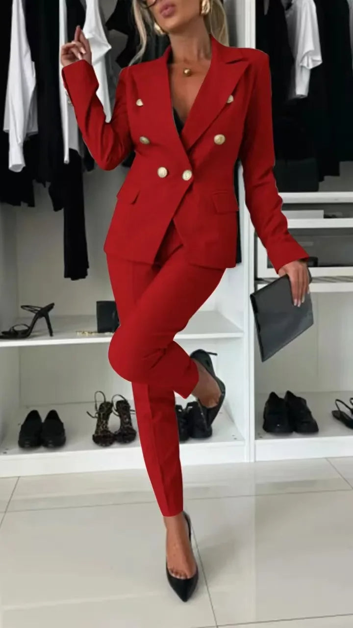 Garnitur damski Mela | Elegancki dwurzędowy blazer i zwężane spodnie 2