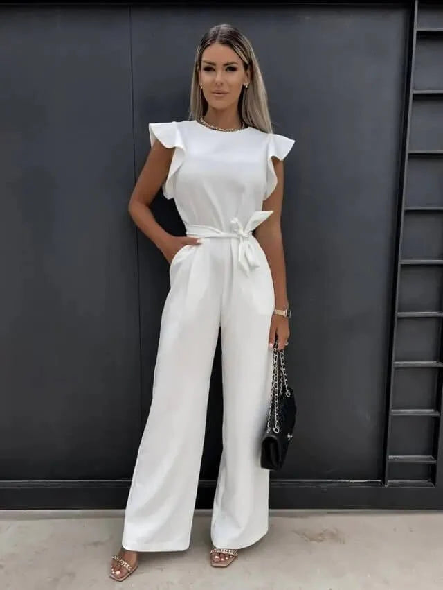 Kombinezon Damski Lira | Elegancki, Szerokie Nogawki, Pasek w Talii 6
