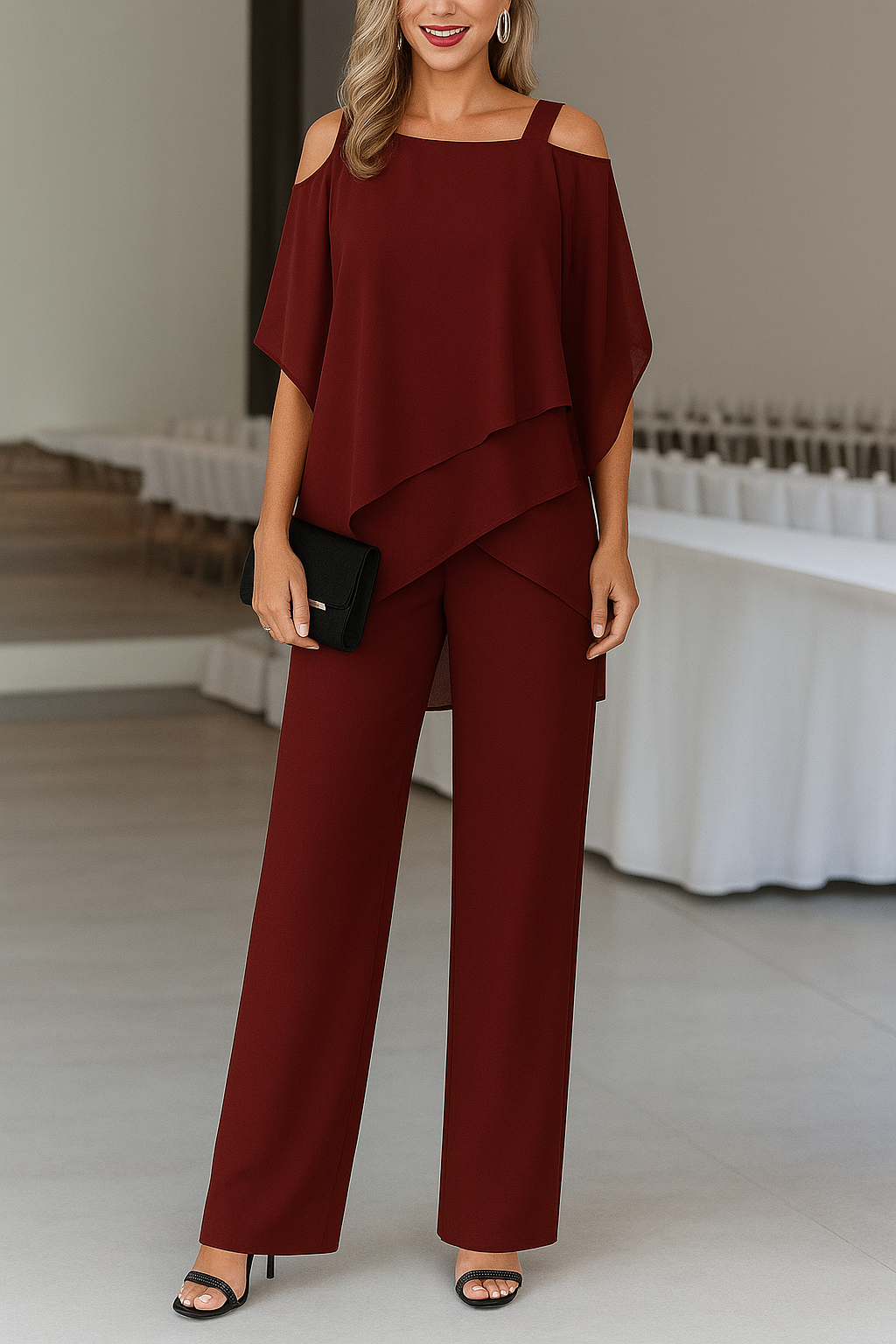 Kombinezon Lila Damski | Elegancki, Odkryte Ramiona, Szerokie Nogawki 2
