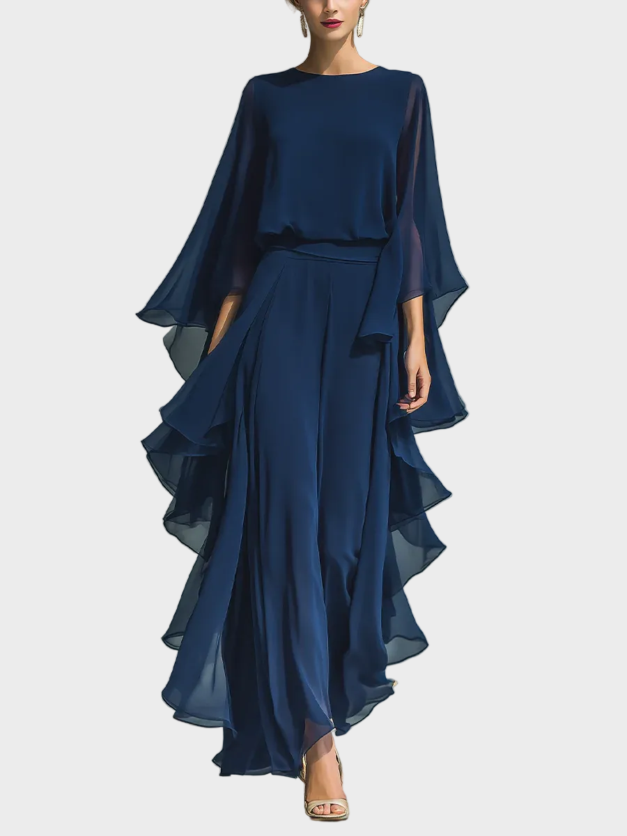 Komplet Aurora z Chiffonu | Elegancki, z falbanami i dzwonowymi rękawami 0