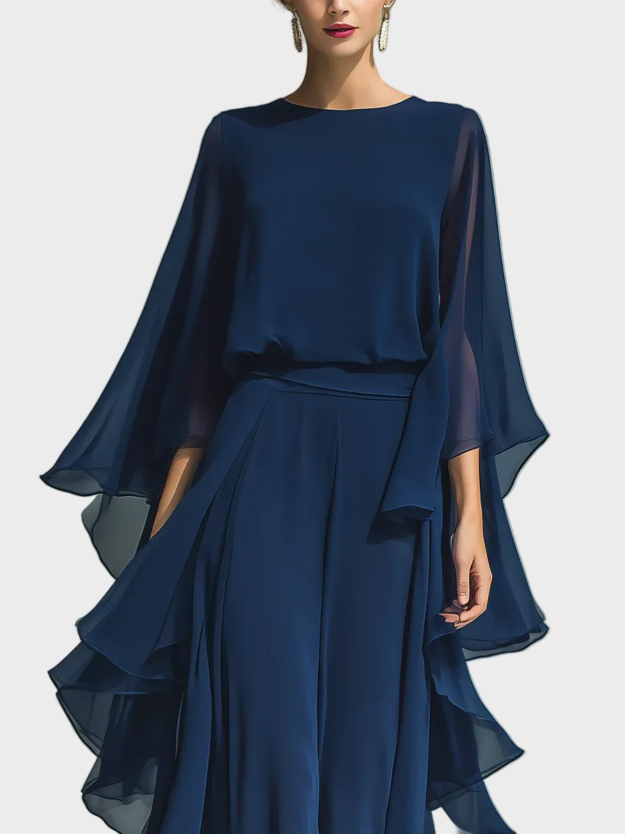 Komplet Aurora z Chiffonu | Elegancki, z falbanami i dzwonowymi rękawami 2