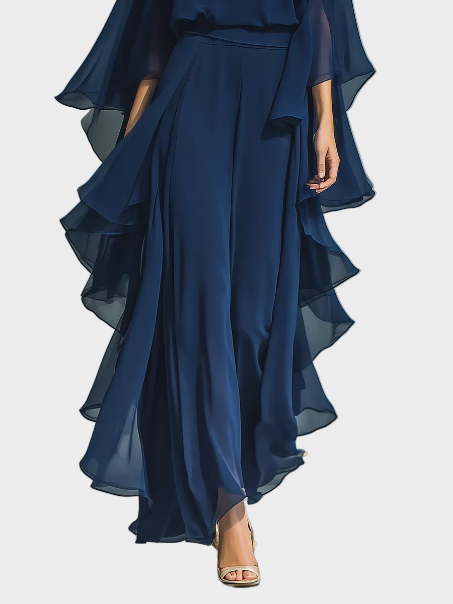 Komplet Aurora z Chiffonu | Elegancki, z falbanami i dzwonowymi rękawami 3