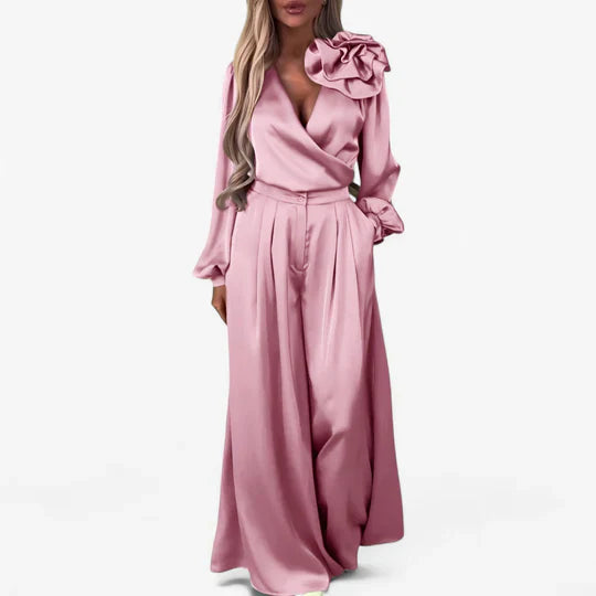 Komplet damski Frida | Elegancka bluzka w serek i szerokie spodnie 0