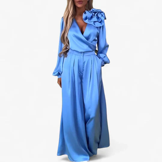 Komplet damski Frida | Elegancka bluzka w serek i szerokie spodnie 1
