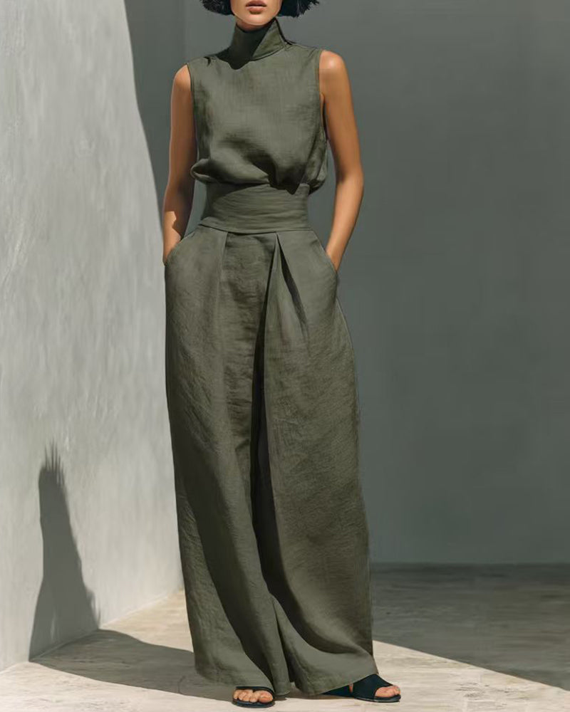 Komplet damski Lenna | Elegancki dres z bezrękawnikowym topem i szerokimi spodniami 0