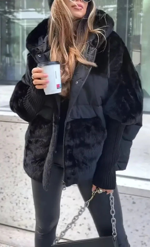 Kurtka Puchowa Karmel Damska | Oversize, Futrzane Wykończenie, Duży Kaptur 3