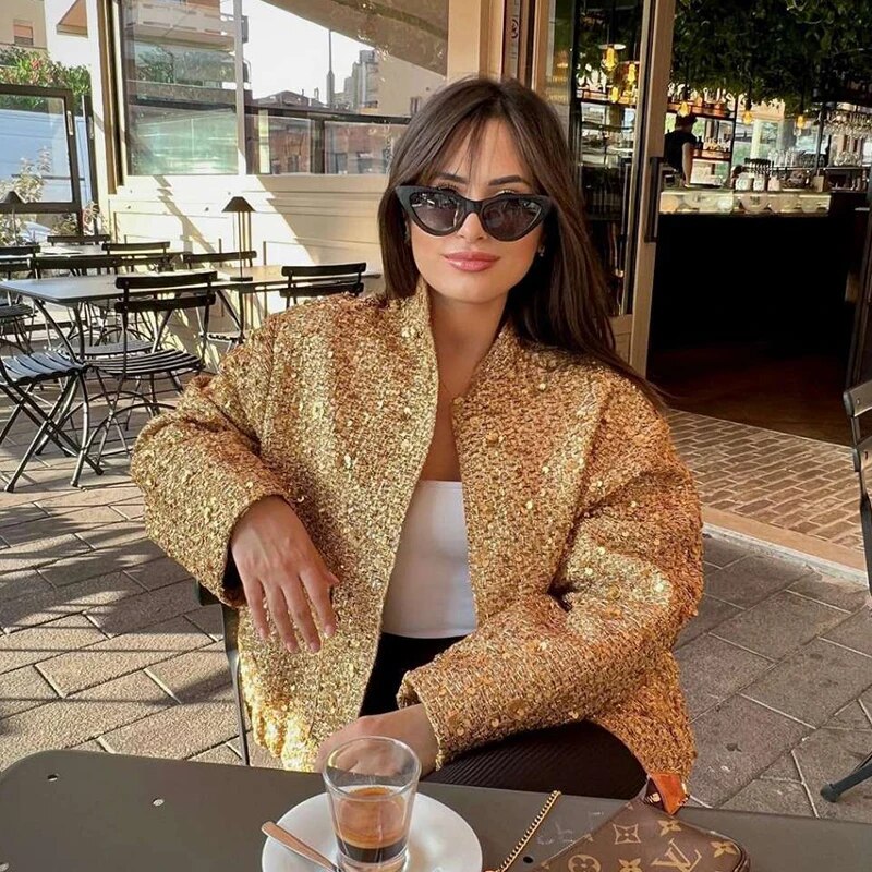 Kurtka cekinowa Zofia | Elegancki oversize z okrągłym dekoltem 1