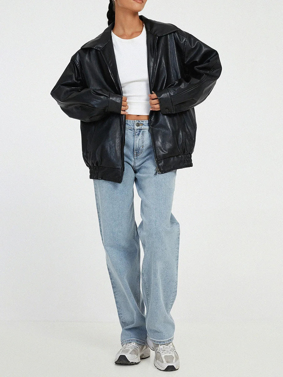 Kurtka skórzana Anna | Modny Oversize, Czarna Skóra Naturalna 1