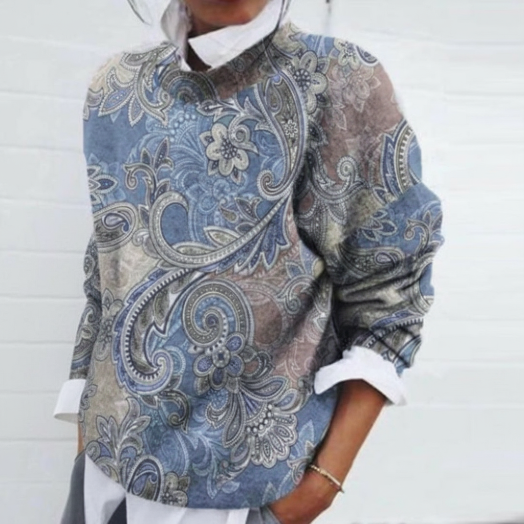 Kwiatowy Sweter Damski | Okrągły Dekolt, Prążkowane Wykończenie 3