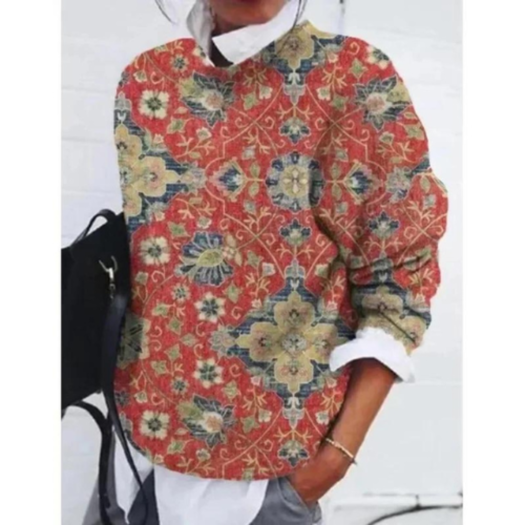 Kwiatowy Sweter Damski | Okrągły Dekolt, Prążkowane Wykończenie 4