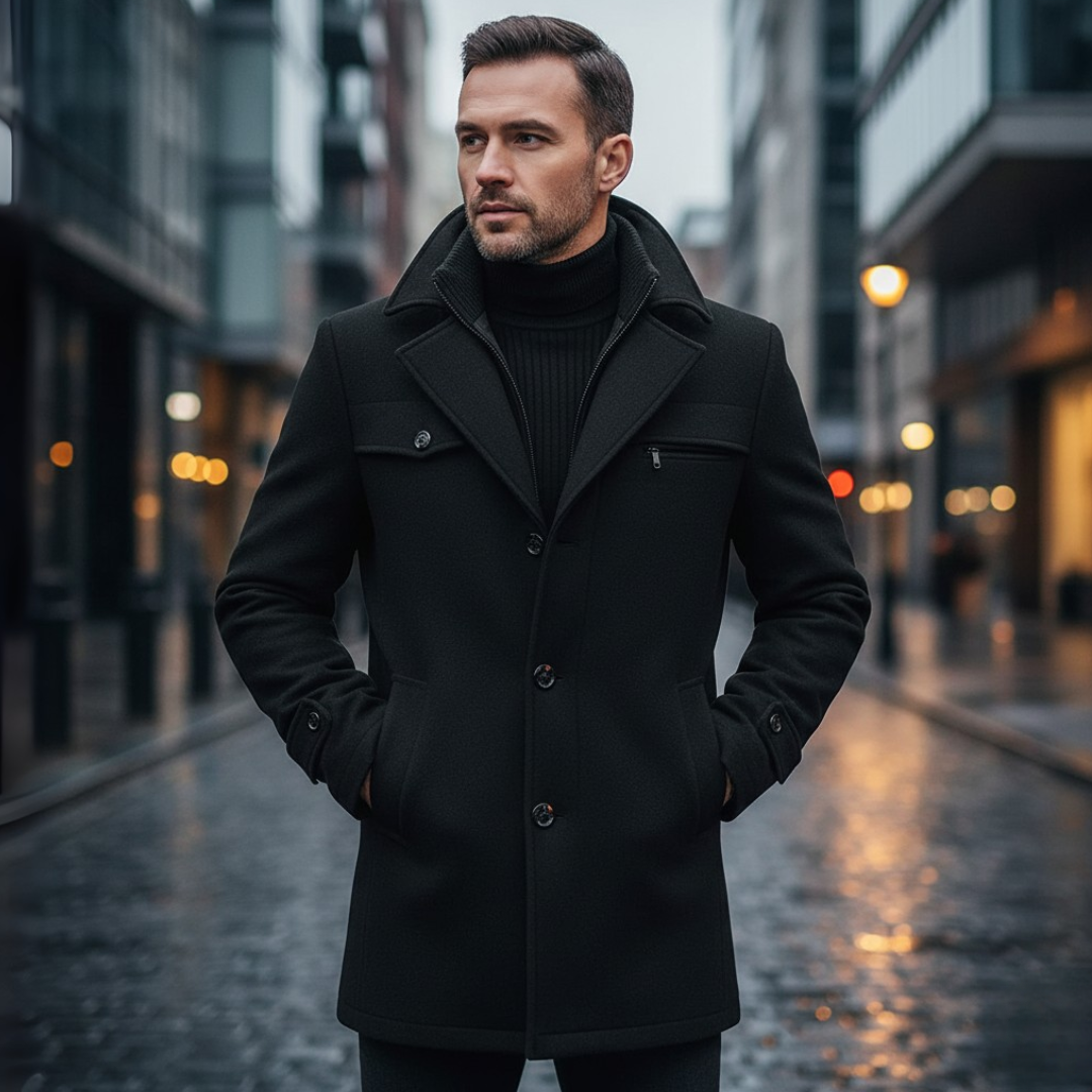 Płaszcz męski Sebastian | Wełna premium, średni krój, czarny 1