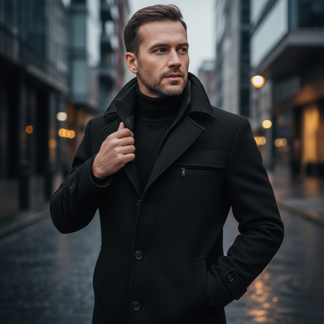 Płaszcz męski Sebastian | Wełna premium, średni krój, czarny 2