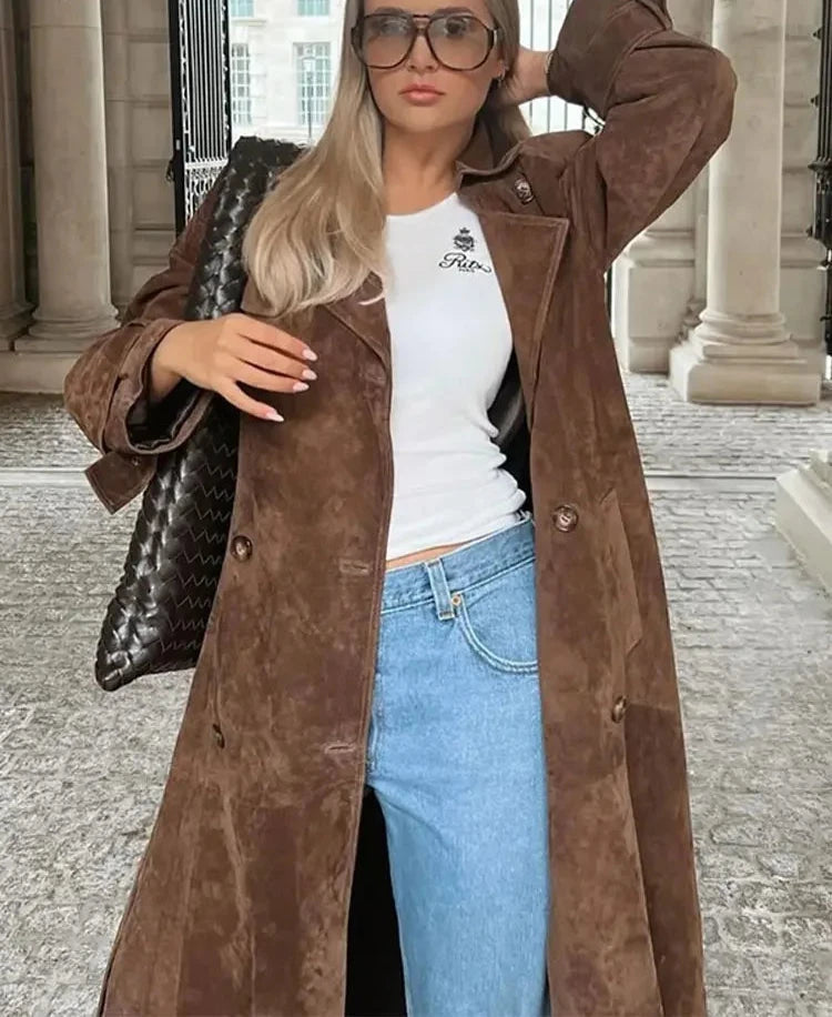 Płaszcz zimowy Daria | Zamszowy, długi krój z paskiem w talii 1