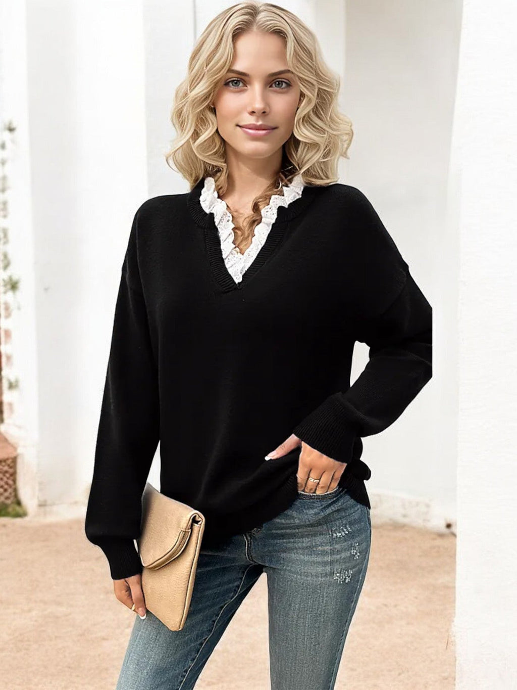 Romana Women's Sweater | V-Neck, Lace Trim, Loose Fit 0