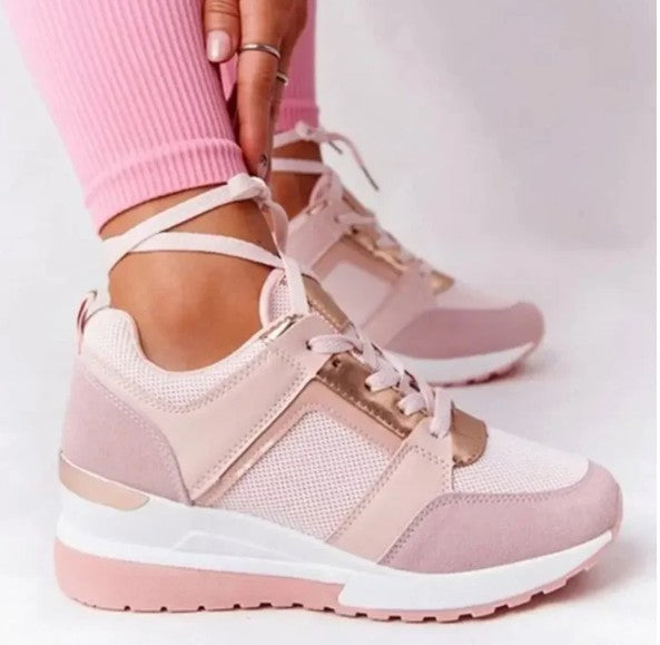 Sneakersy SkyLift Damskie | Beżowe na Koturnie z Metalicznymi Detalami 2
