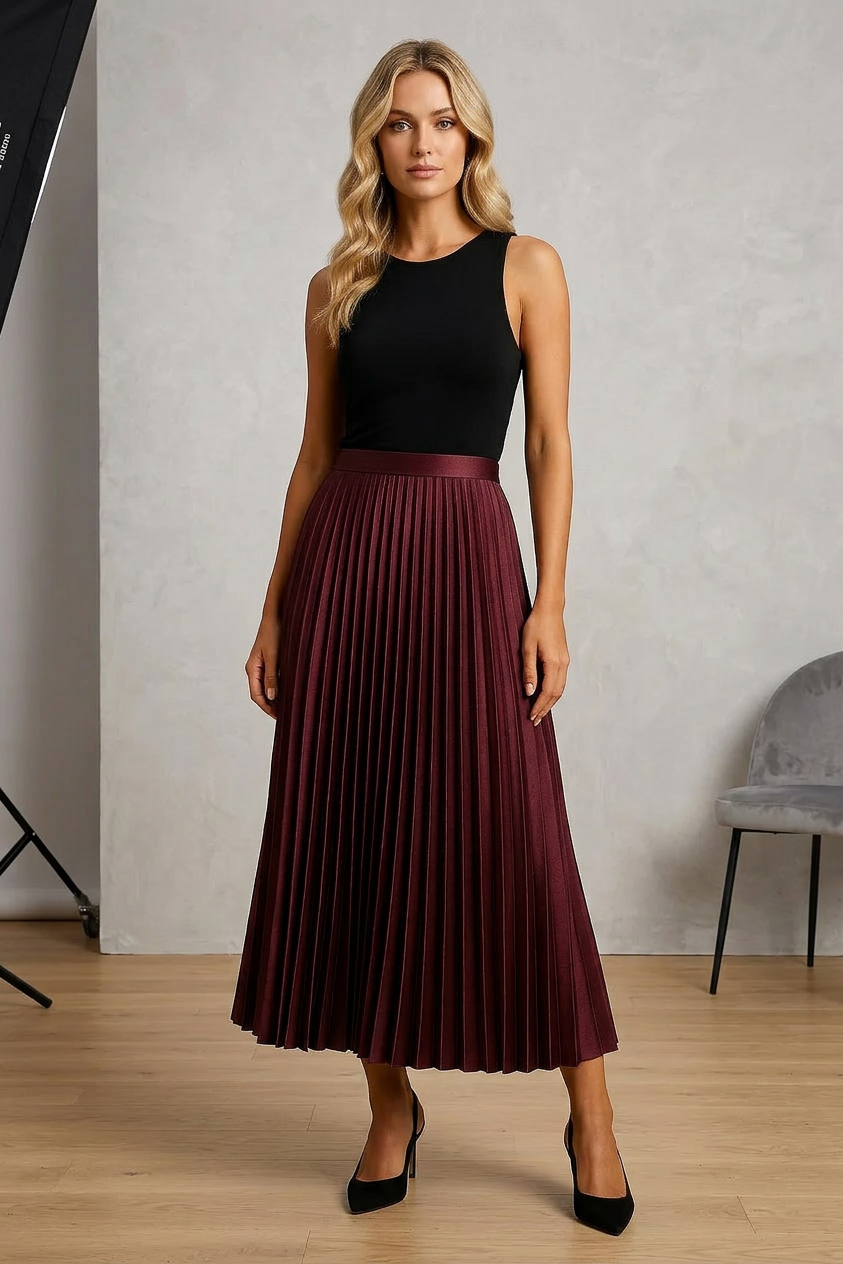 Spódnica midi Justyna | Plisowana satynowa, elegancka w wysokim stanie 3