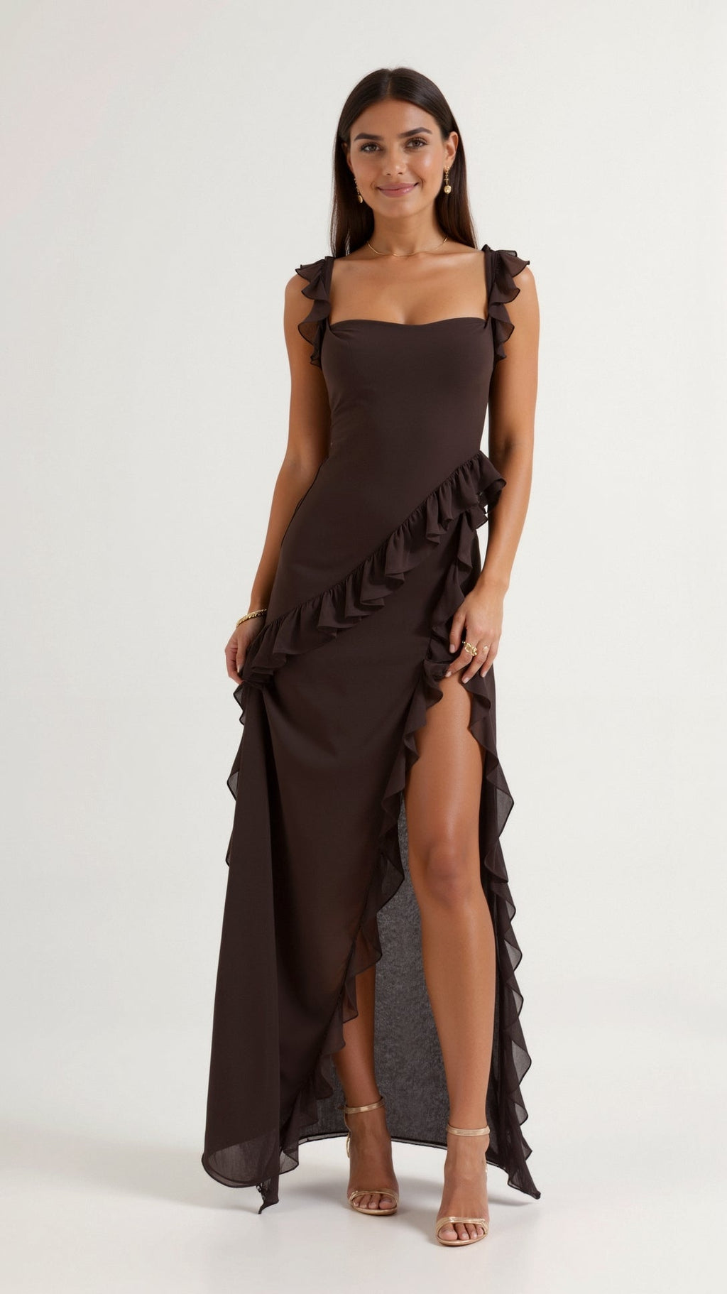 Sukienka maxi Laura | Elegancka falbana, rozcięcie z przodu 0