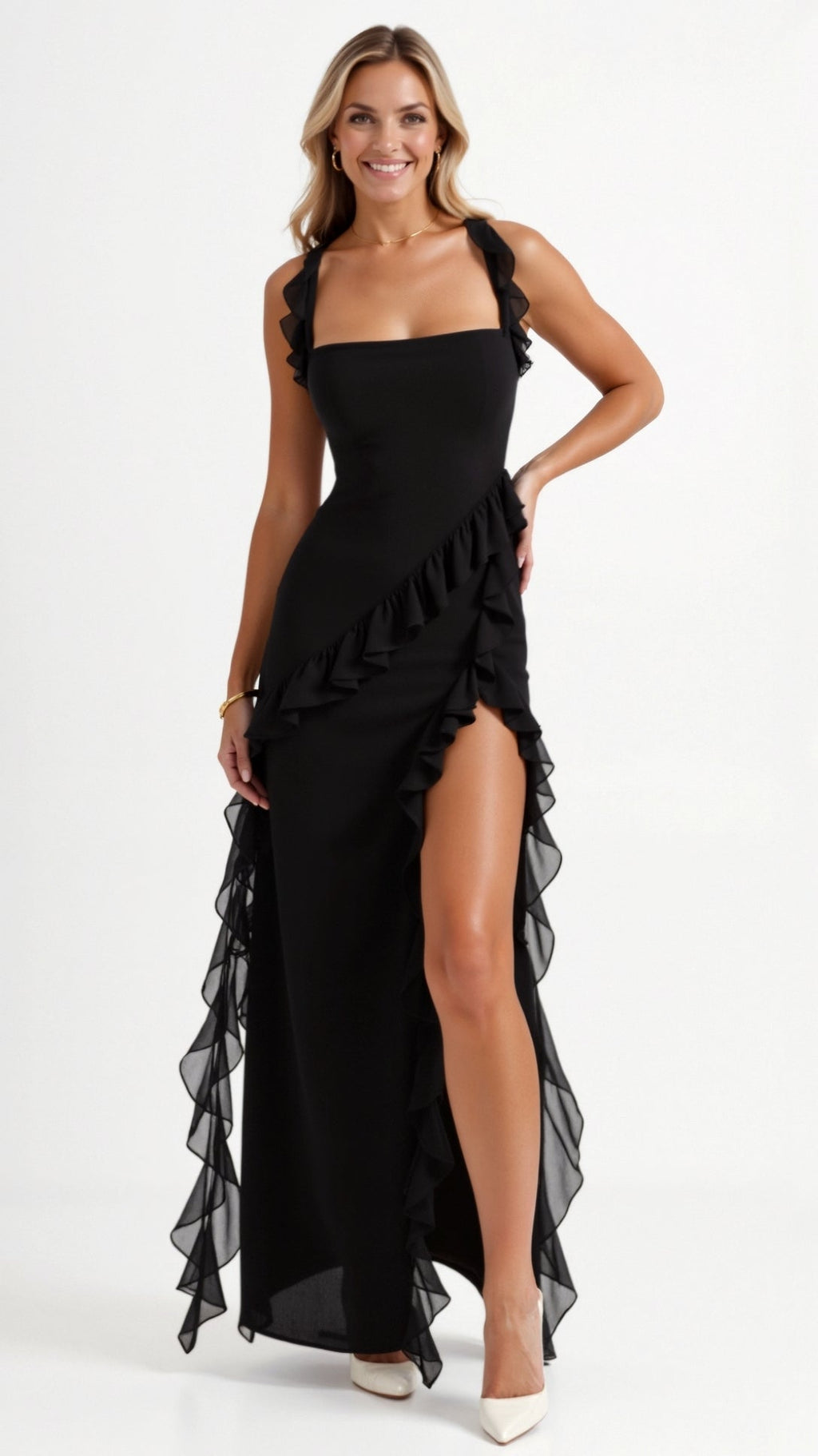 Sukienka maxi Laura | Elegancka falbana, rozcięcie z przodu 1
