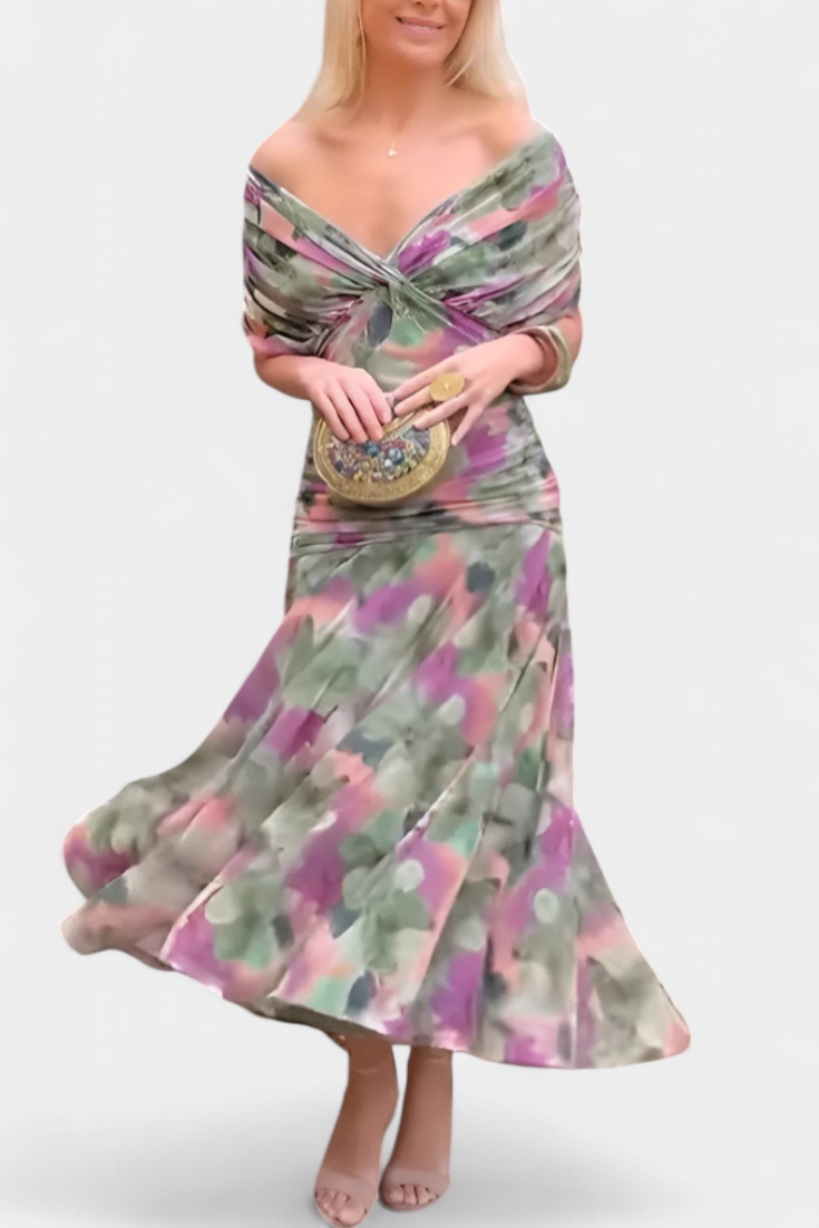Sukienka maxi Lila | Kwiatowy nadruk, elegancki dekolt V, plisowana talia 4