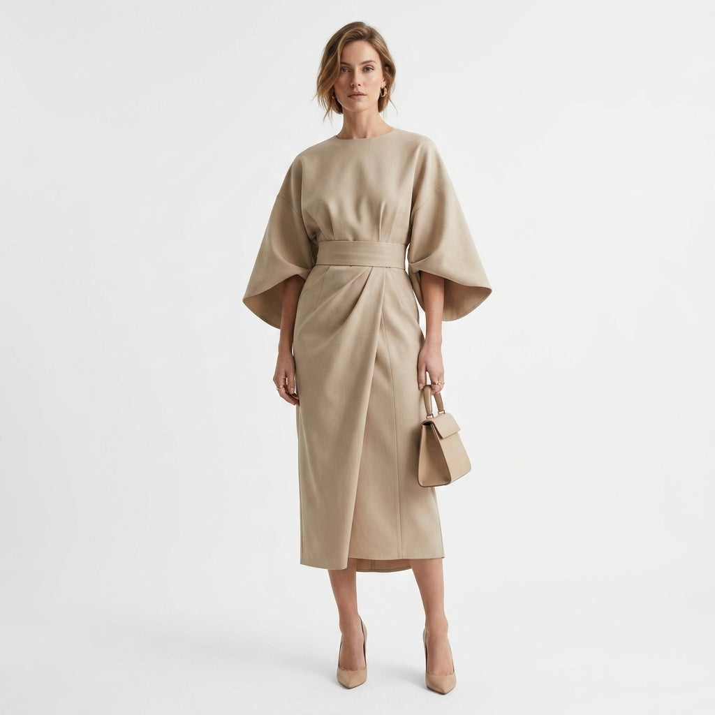 Sukienka midi Verlaro | Elegancki krój z paskiem, A-line, 3/4 rękaw 2