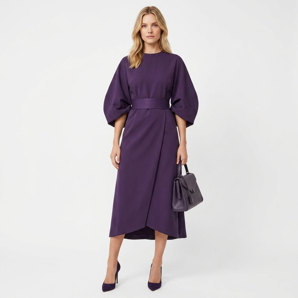 Sukienka midi Verlaro | Elegancki krój z paskiem, A-line, 3/4 rękaw 3