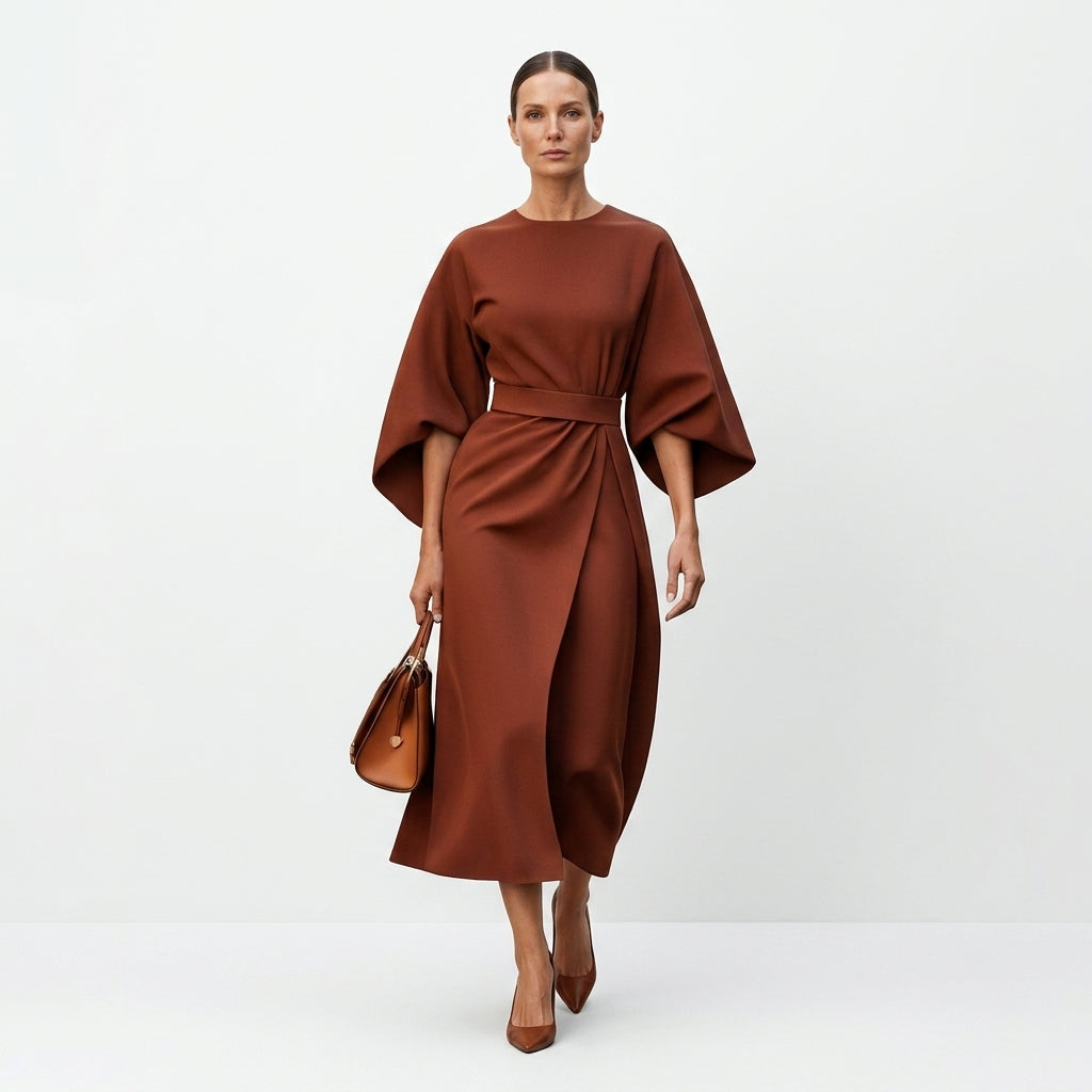 Sukienka midi Verlaro | Elegancki krój z paskiem, A-line, 3/4 rękaw 6