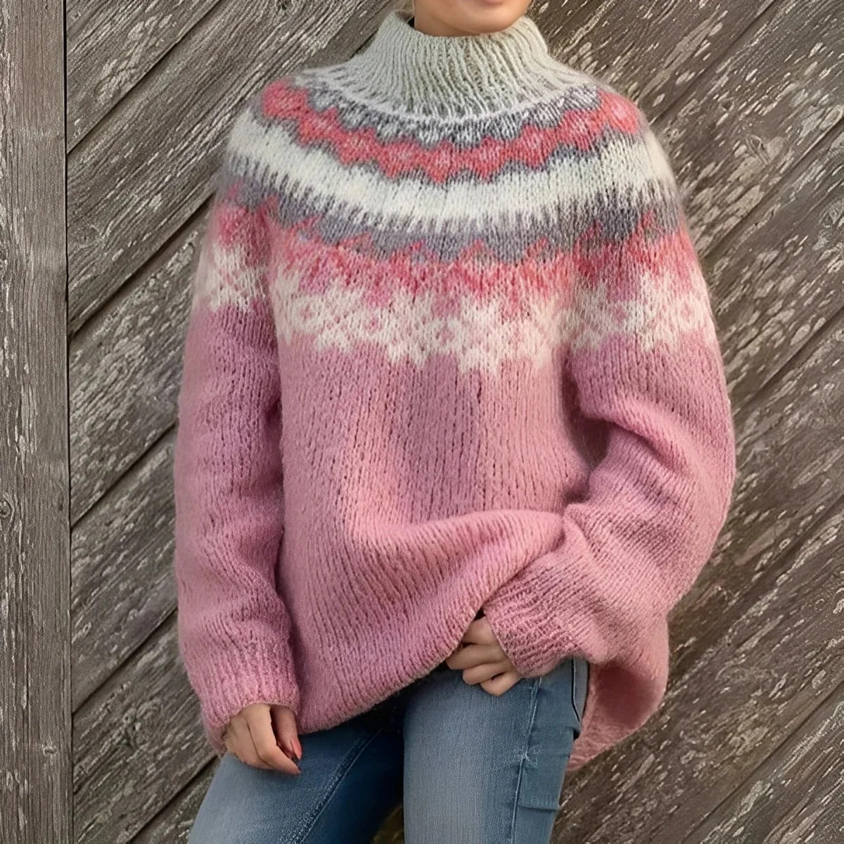 Sweter zimowy Natalia | Norweski wzór, wysoki golf, wełna akryl 0