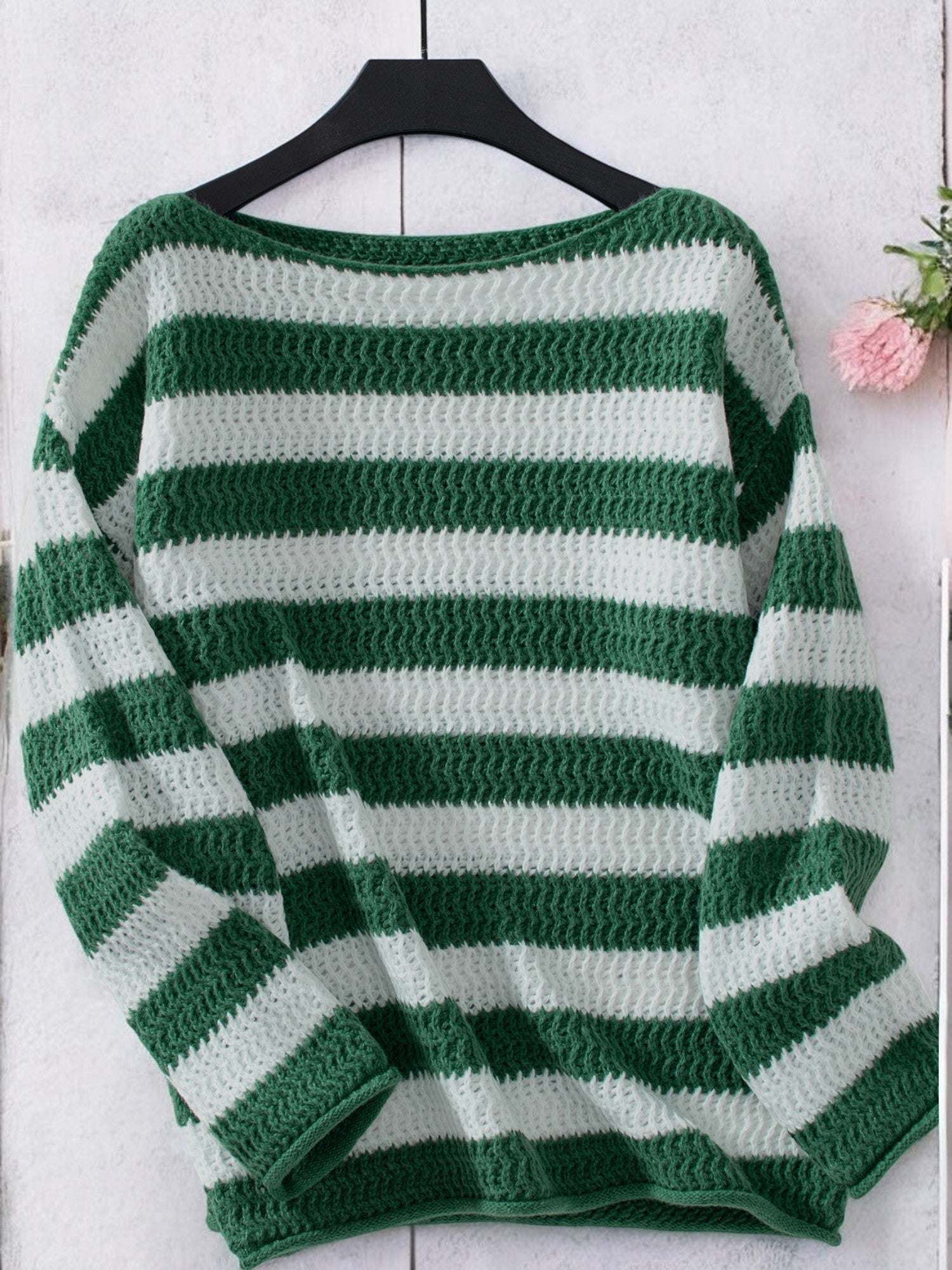 Sylwina | Sweter Damski w Paski z Dekoltem Łódką i Długim Rękawem 5