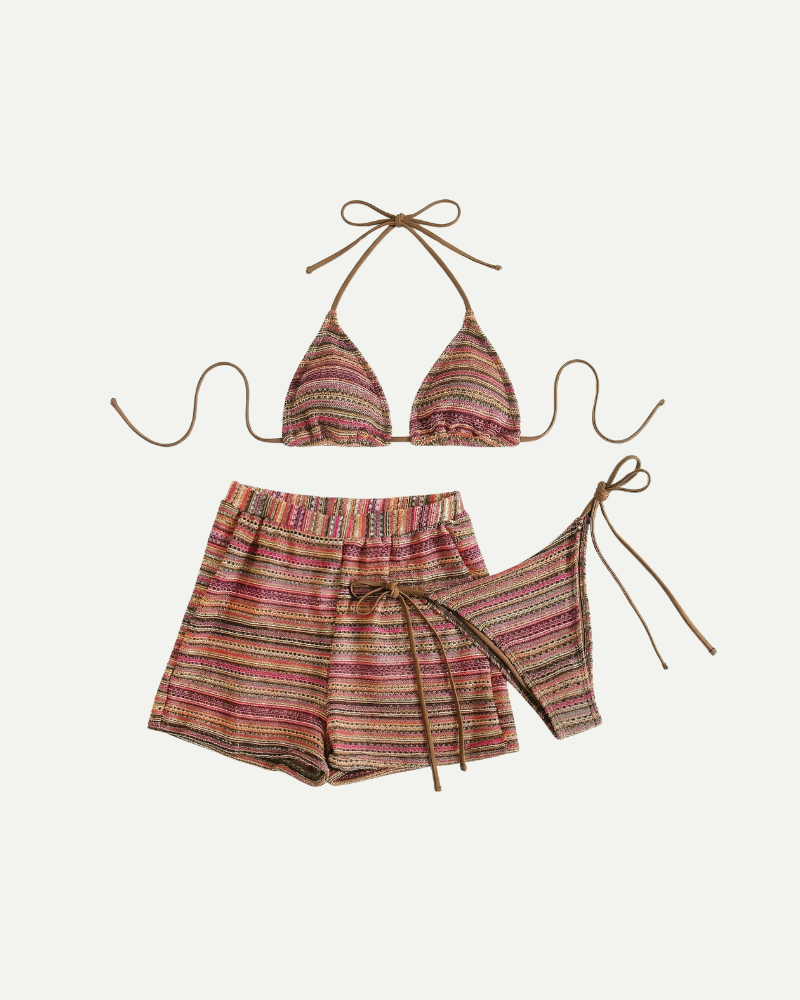 Zestaw bikini Sandy | Pasiasty, trzyczęściowy strój kąpielowy damski 0